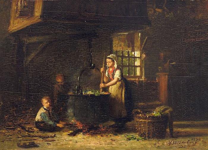 Hendrik Valkenburg An old kitchen with a mother and two children at the cauldron France oil painting art